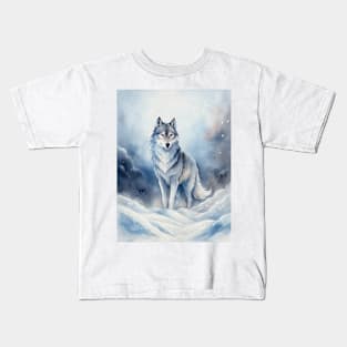 Funny White Wolf Hunting Fantasy Ground, Winter Mountain Icy Moon, Snowy White Forest, Biker gifts Kids T-Shirt